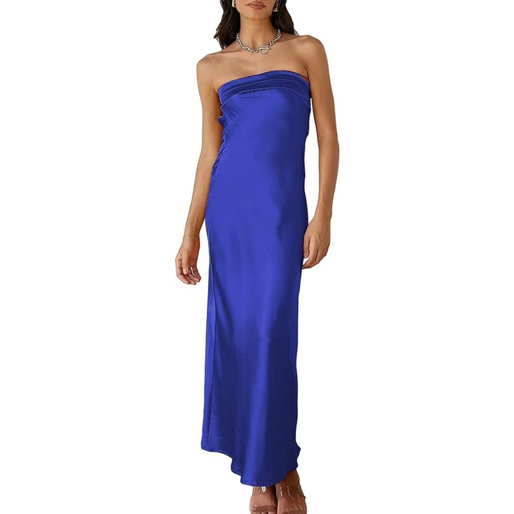 Realtix Satin Backless Tube Top Long Dress Elegant Sapphire Blue Size Small NWT
